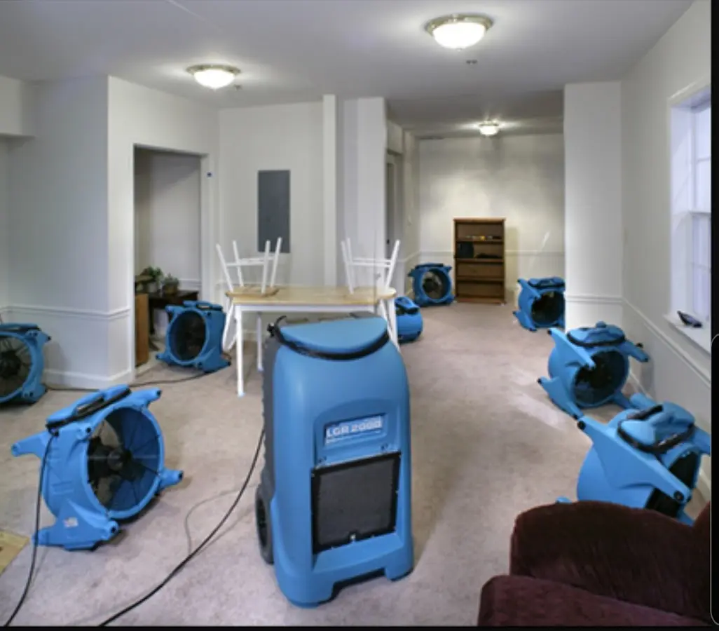 Air movers and dehumidifier setup for Water Extraction & Removal in Boston